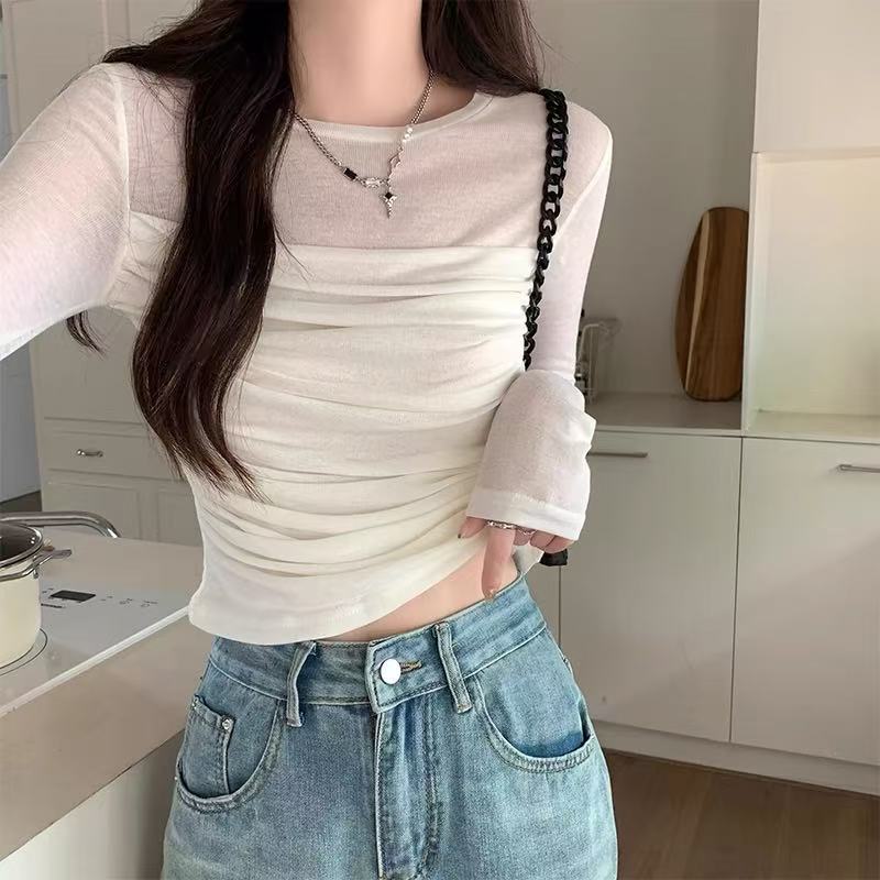 纯欲网纱长袖t恤女夏款设计感小众修身洋气显瘦打底衫短款上衣潮