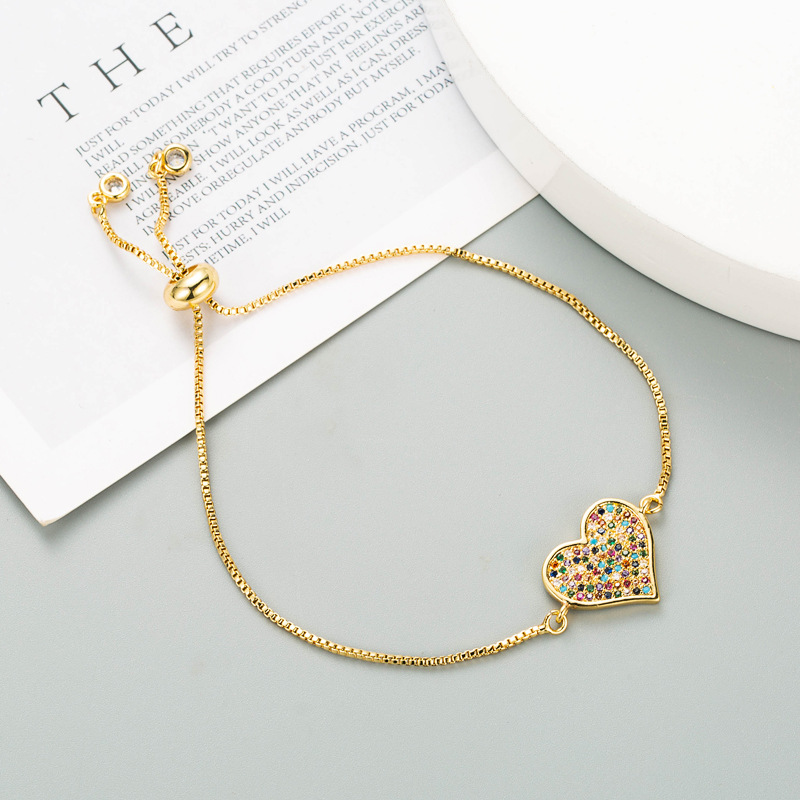 Nihaojewelry wholesale jewelry copper goldplated microinlaid zircon adjustable round heartshaped braceletpicture5
