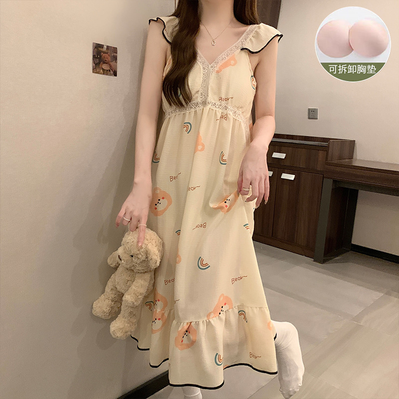 Pijama con cojín de pecho mujer de verano vestido de espuma delgada simple ocio pijama casero comercio exterior al por mayor