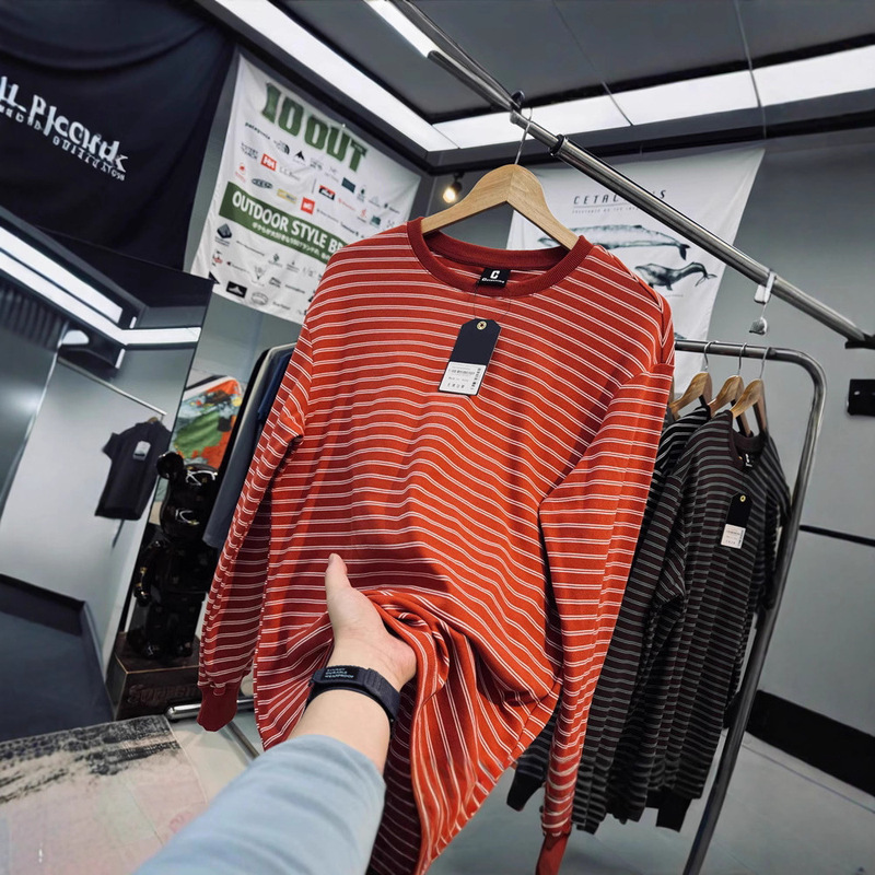 Island Country Single-Sided Fleece Technology Warm and Moisture-Wicking Breathable Quick-Drying Men's Loose Outdoor Striped Long-Sleeve T-Shirt