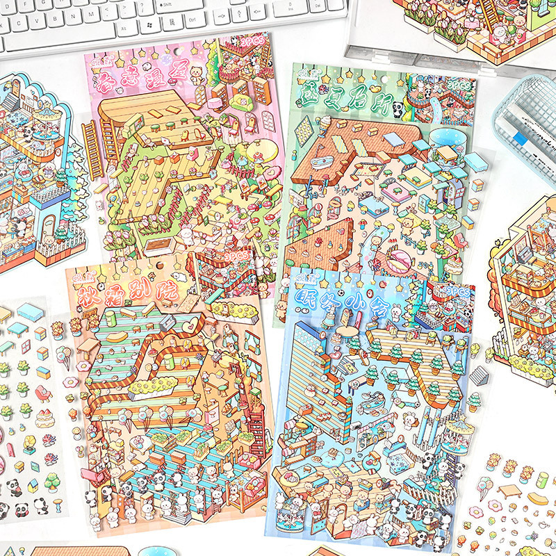 Pegatinas de paisaje de primavera, verano, otoño e invierno, dibujos animados de tres capas, collage de escenas en miniatura 3D, pegatinas de facturación de bricolaje