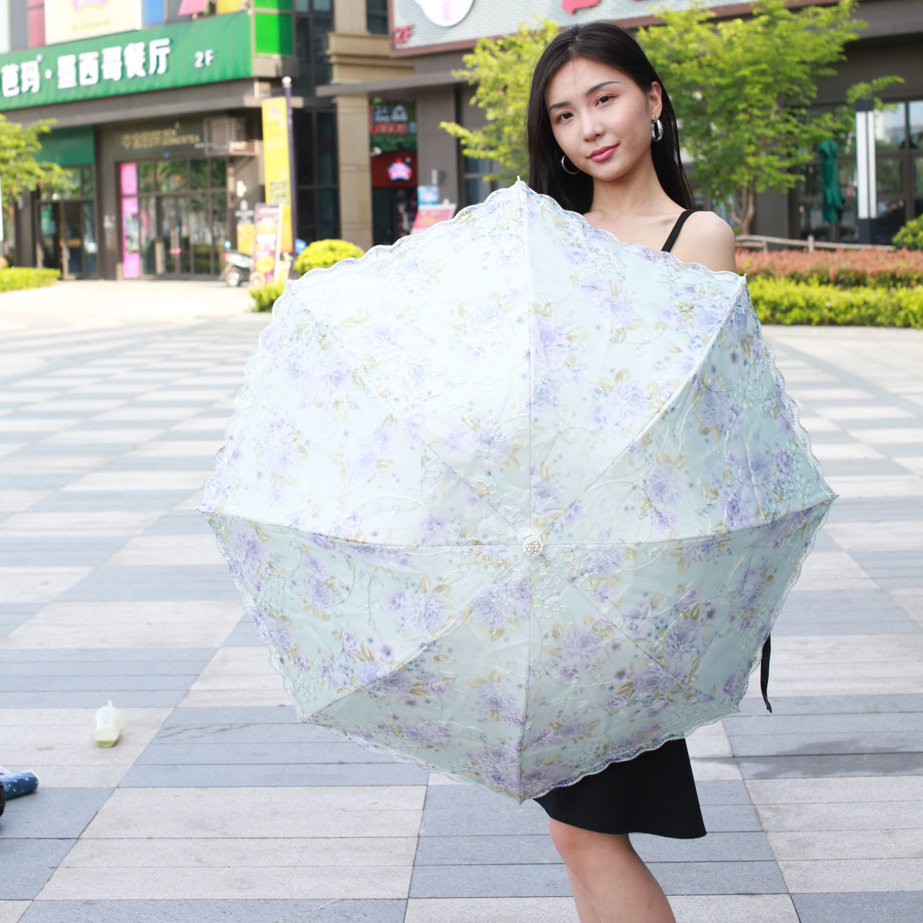 夏季太阳伞蕾丝花边晴雨两用双层刺绣女黑胶遮阳防紫外线绣花洋伞