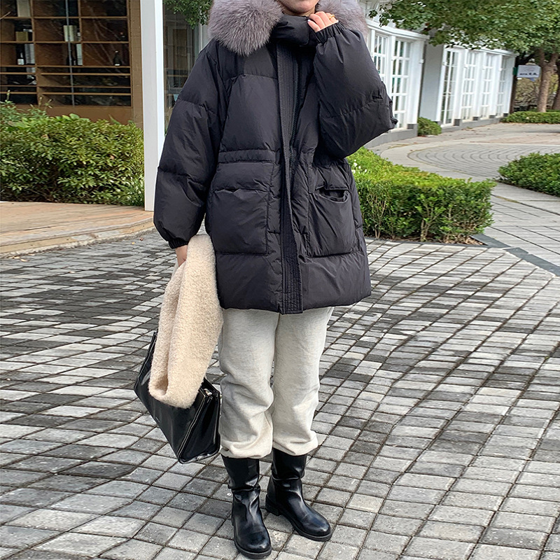 高級韓国風ダウンジャケット レディース ショート丈 2025年冬新作 厚手 フォックスファー襟 ウエストシェイプ 細見え ホワイトダックダウンジャケット