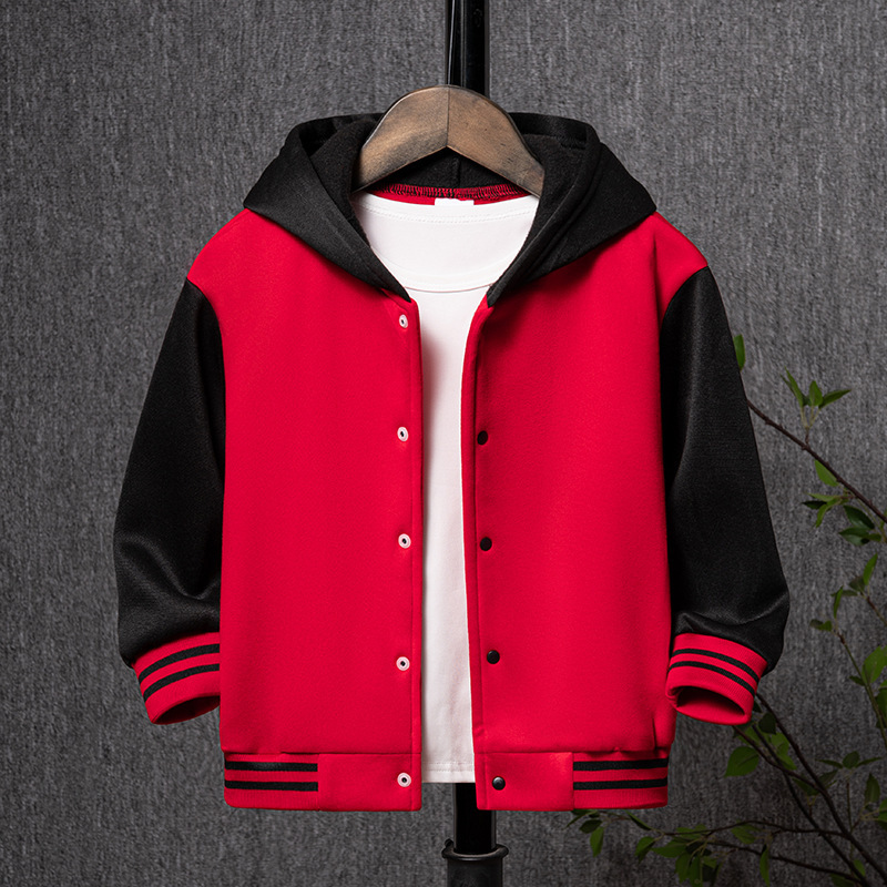 2025 Autumn and Winter Children's Hooded Baseball Uniform Boys Red and Black Contrast Color Cardigan Jacket Baby Casual Velvet Jacket