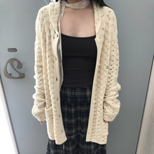 现/宽松钩花针织毛衣开衫娃娃领棉质外套早秋新款