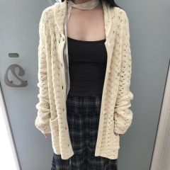 现/宽松钩花针织毛衣开衫娃娃领棉质外套早秋新款