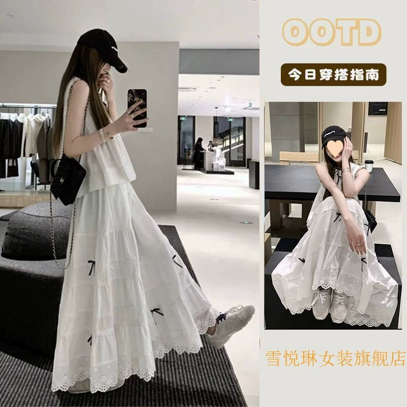 Французская милая модная рубашка без рукавов с простым бантом и круглым вырезом для студенток + юбка средней длины с бантом