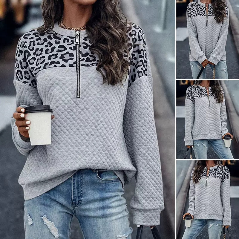 2023跨境秋冬新款亚马逊欧美时尚豹纹拼接落肩拉链卫衣女