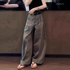预售美式复古灰色阔腿裤女夏季2025新款立体裁剪薄款宽松弯刀休闲