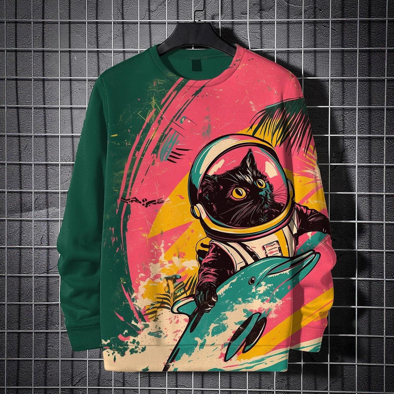 Men's Animal Cat Sweatshirt Long-Sleeve Crew Neck Fashion Cool Daily 3D Printed Japanese Art Design