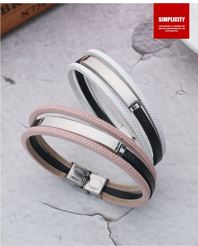 Retro Classic Style Customization Laser Engraving Pu Leather Titanium Steel Woven Chain Bangles Wholesale display picture 1