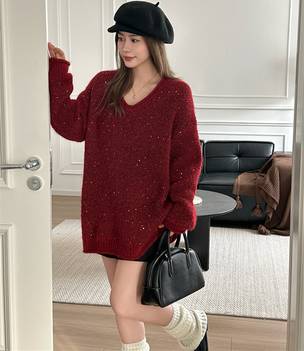 红色v领亮片毛衣女2025新年款精致设计小众宽松慵懒风针织衫上衣|undefined