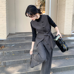 2913大码女装中长款马甲阔腿裤套装胖mm无袖外套马夹背心两件套