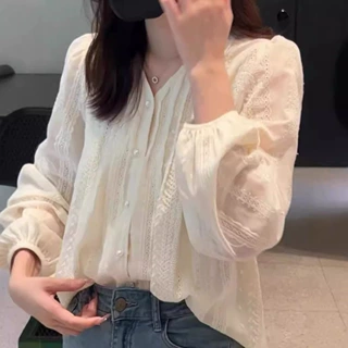 小清新长袖衬衫女2024年秋装新款刺绣小衫灯笼袖法式上衣