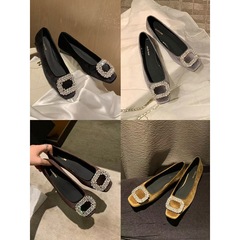 羊皮版葡萄ma同款贵气闪闪钻扣圆头高跟鞋舒适粗跟绒面浅口单鞋女