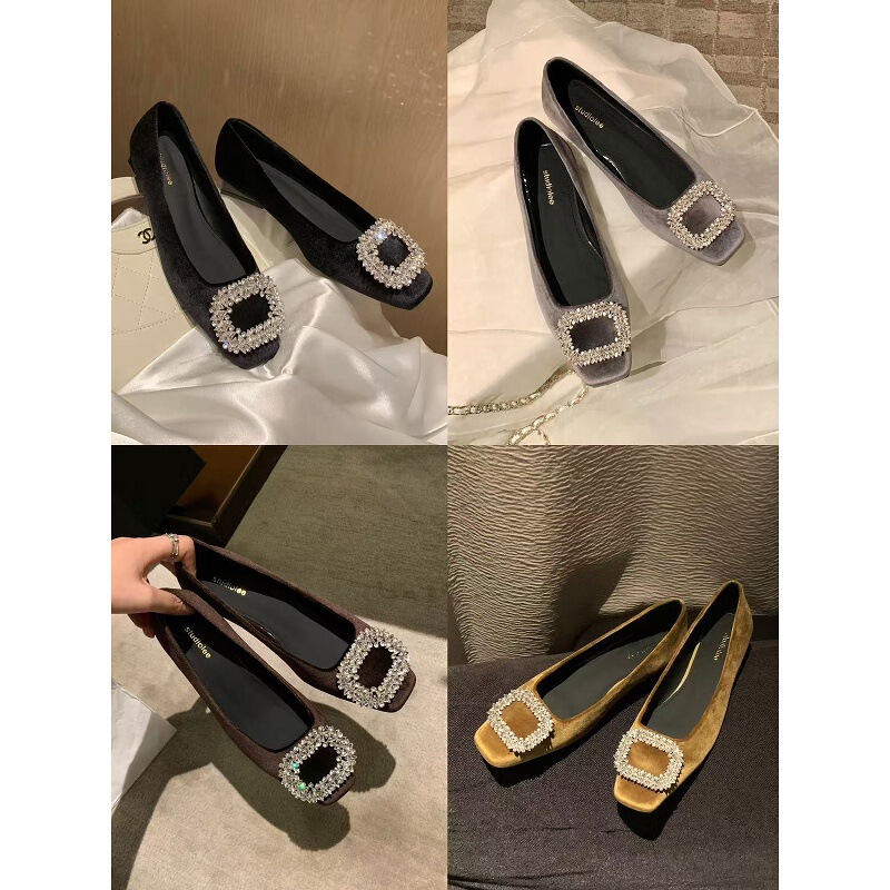Beautiful French-Style Sheepskin Women's Flats 2026 New Model, Velvet Surface, Shallow Square Buckle, Rhinestone Low-Heel Flat Shoes