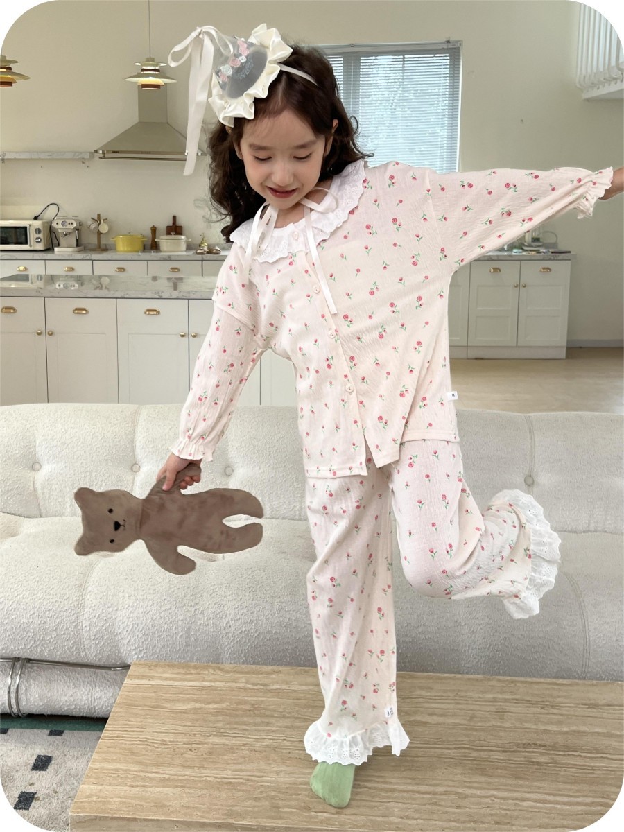 Cardigan de primavera para niños, set de algodón elástico coreano lindo ropa de aire acondicionado, pijamas de encaje, ropa para el hogar para bebés