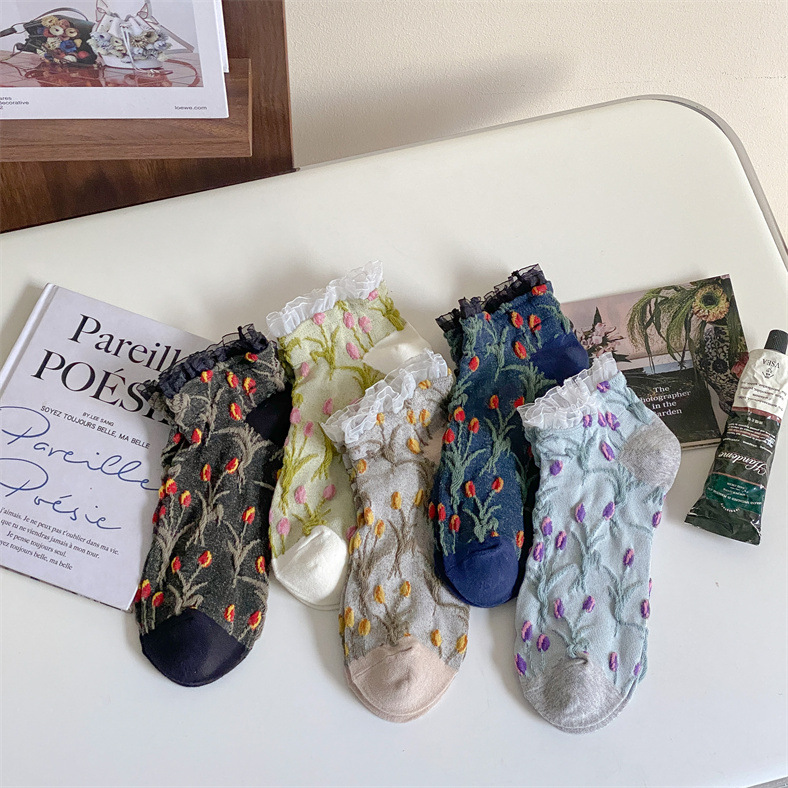 Boots Lower Products Spring and Summer New Plant Flower Low Top Boat Socks Sweet Cas Lace Tulip Plant Flower Socks