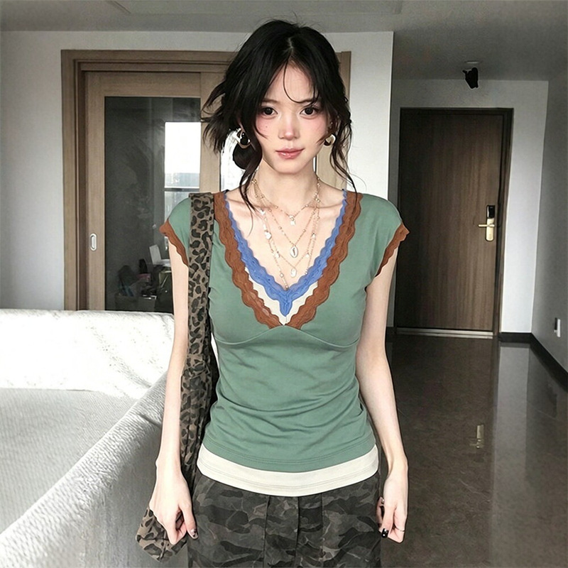 [260g Rayon Modal] Contrast Color V-Neck Short-Sleeved T-Shirt for Women, Summer Lace Splicing Slim Fit Top