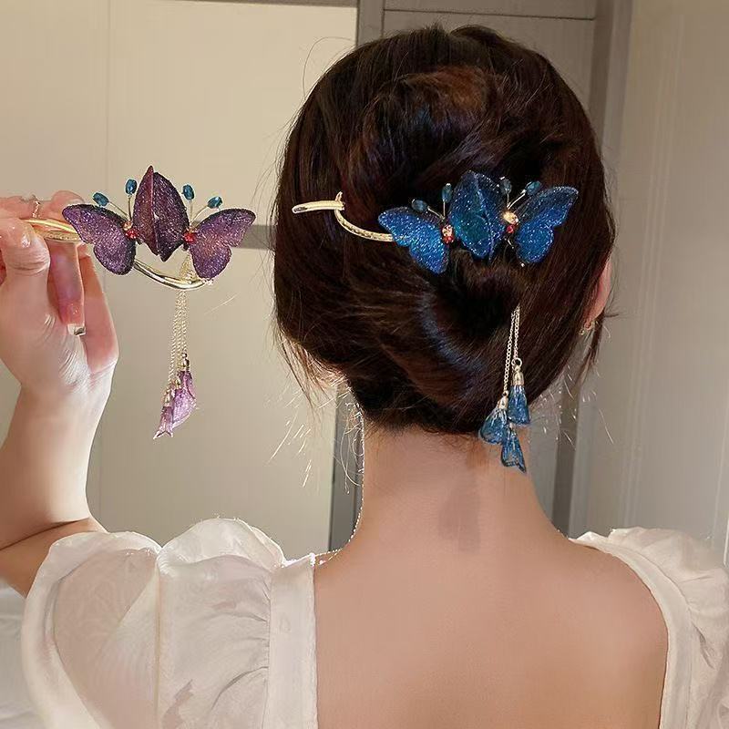 New Lily of the Valley Flower Butterfly Tassel Hairpin for Women, Bun Twist Clip, Ancient Style Rose Pendant Hair Claw Clip
