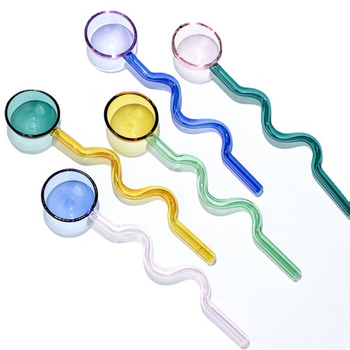 Ins style creative candy color contrasting color glass spoon Cute colorful curved handle high borosilicate glass spoon