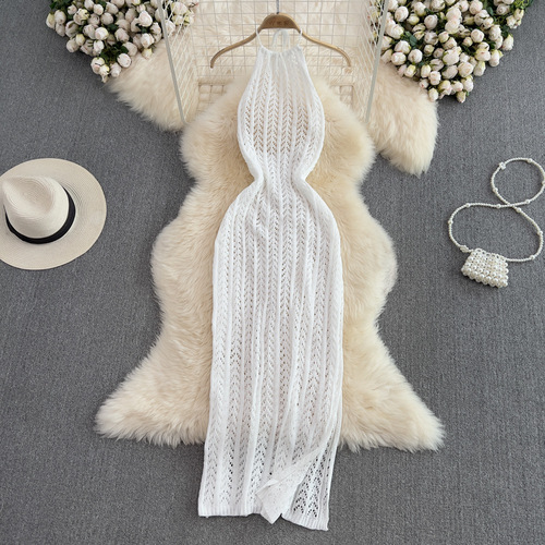 Summer Women's Sexy Slim-fit Sheath Dress with Neckline, Mid-length Slit Backless Sleeveless Hollow-out Knitted Dress