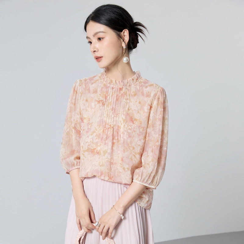 New Original 100% Mulberry Silk Crepe Top with Ruffled Stand Collar, Floral Puff Sleeves, Gentle Silk Blouse 3223