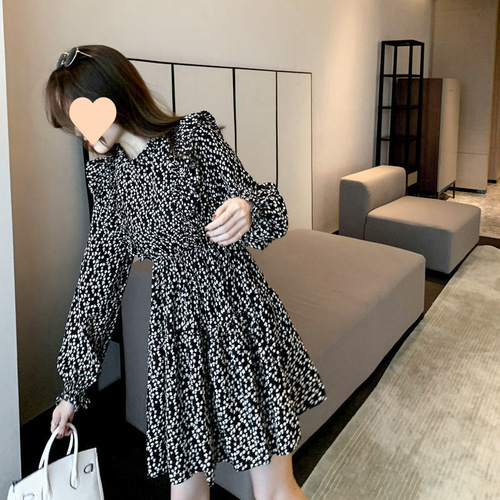 Spring and Autumn New French Retro Waist-Slimming Stylish Matchable Word Skirt Women Long-Sleeve Elegant Floral Dress