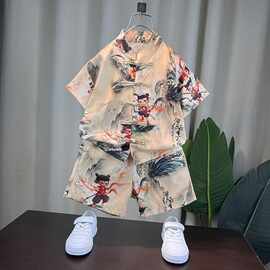 哪吒衣服2025新款夏季儿童套装男童汉服夏装中式衬衫短裤两件套
