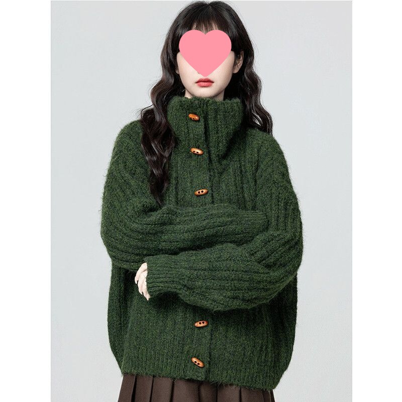 Green Turtleneck Sweater Jacket for Women, New Autumn and Winter Style, Warm and Thickened Stand-Up Collar Knitted Cardigan Top Green Turtleneck Sweater Jacket for Women, New Autumn and Winter Style, Warm and Thickened Stand-Up Collar Knitted Cardigan Top