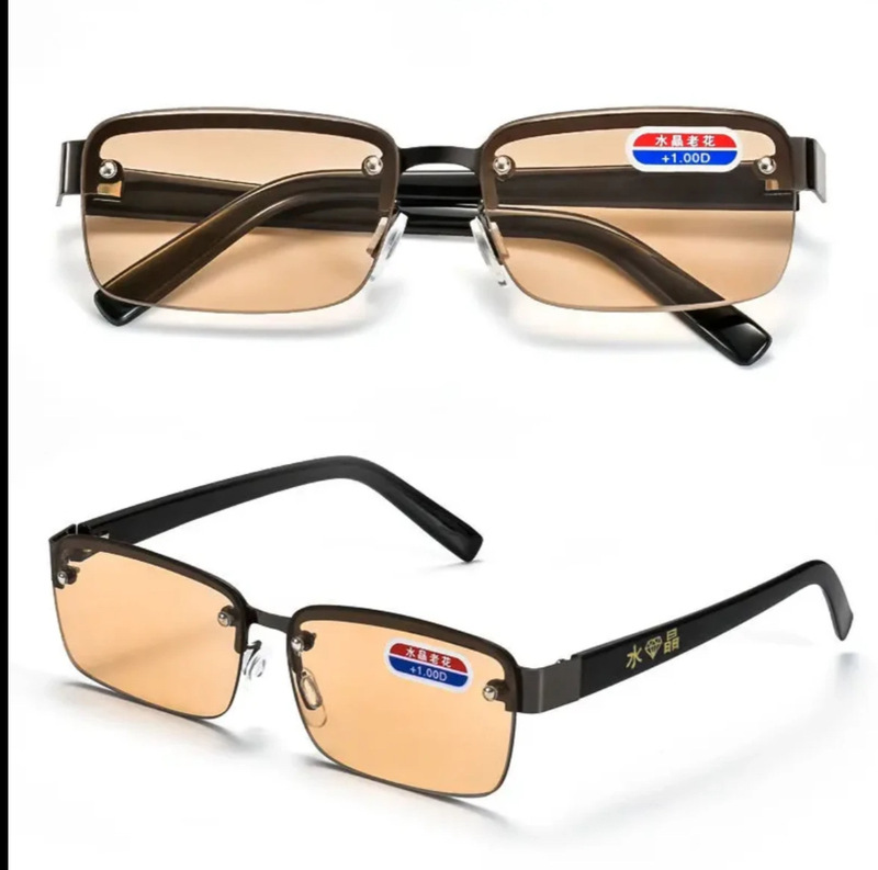 New Crystal Reading Glasses for Men and Women, Middle-Aged and Elderly, Anti-Fatigue, High-Definition Glass Glasses, Eye Protection, Wear-Resistant, Half-Frame Tea-Colored
