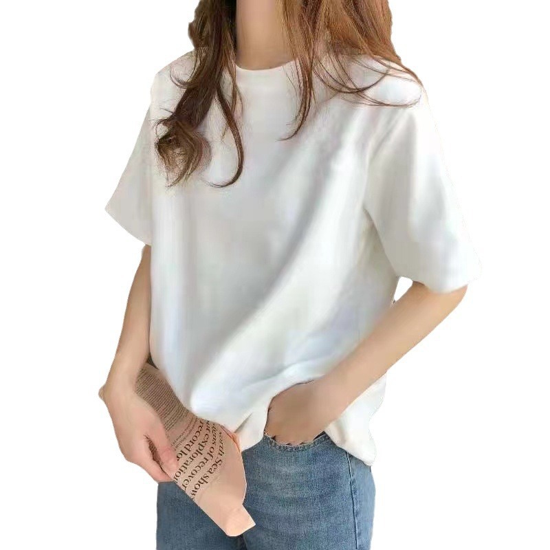 正肩纯棉短袖t恤女夏季薄款年新款宽松白色t桖显瘦半袖上衣潮|undefined