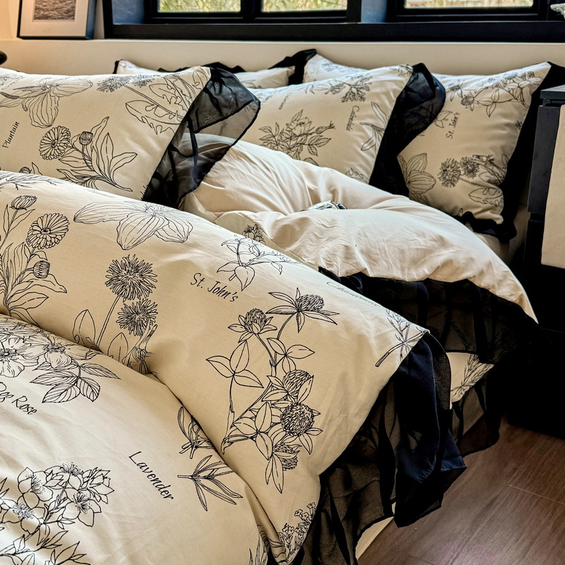 Nordic French Vintage Boho French Vintage Style Floral Skch Pure Four-piece S, 100% Cotton Bed Duv Cover, Fitted She, Three-piece Bedding_voghion.com