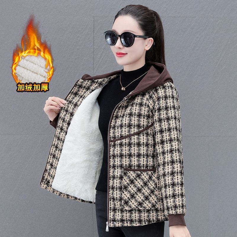 New Autumn and Winter Warm and Velvet Thickeneded Fashionable Plaid Tweed Women's Outwear Cotton Outwear Versatile Short Hooded Top