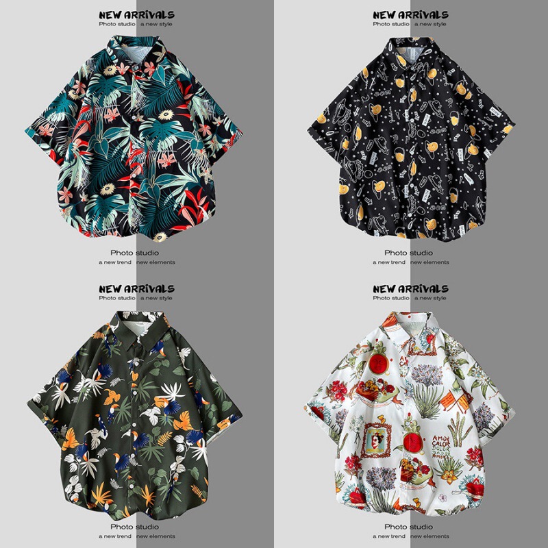 American Hawaii Beach short shirt men's summer Pu Shuai retro Hong Kong style vintage vintage flower shirt trendy men