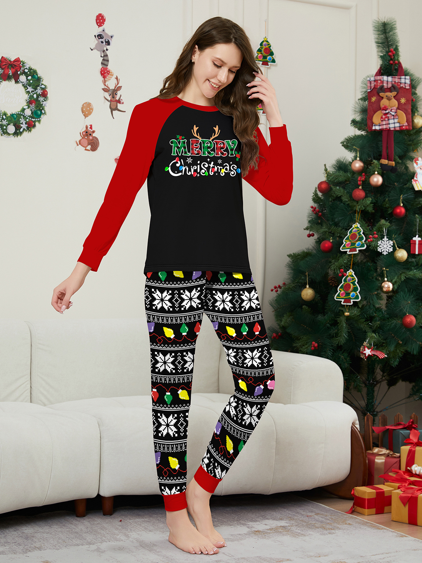 Pyjama imprimé pour la maison avec lettres de Noël et rayures en flocons de neige_voghion.com