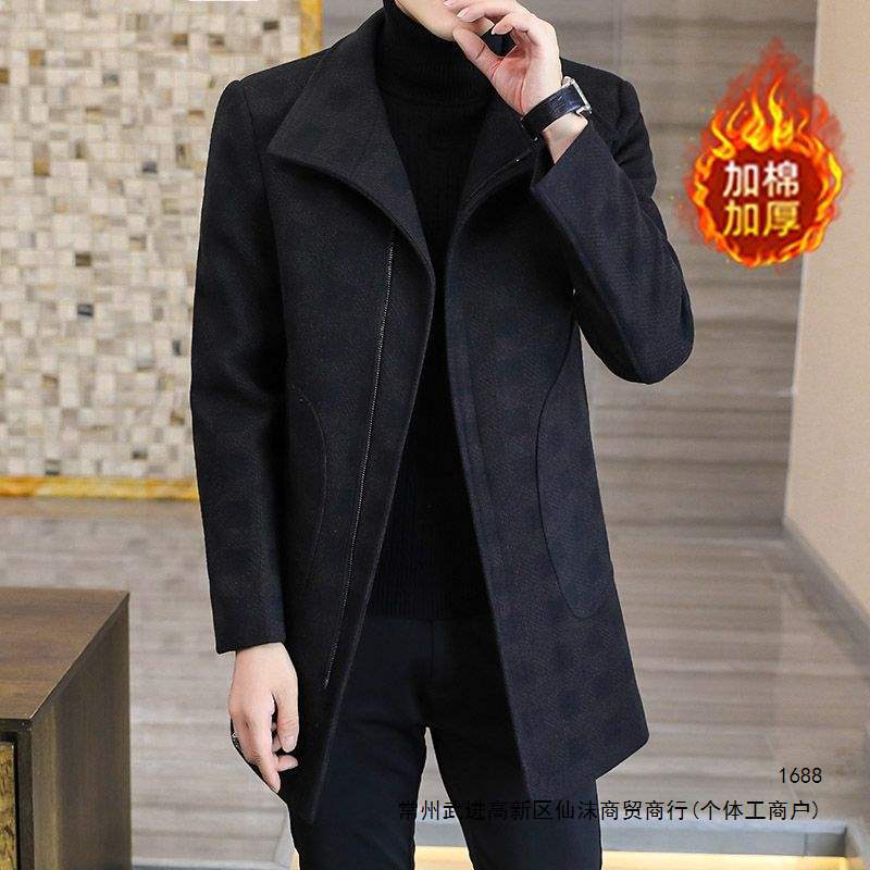 Men's mid-length trench coat, autumn and winter style, British and Korean style, slim fit, diagonal zipper, wool coat, trendy and casual wool overcoat