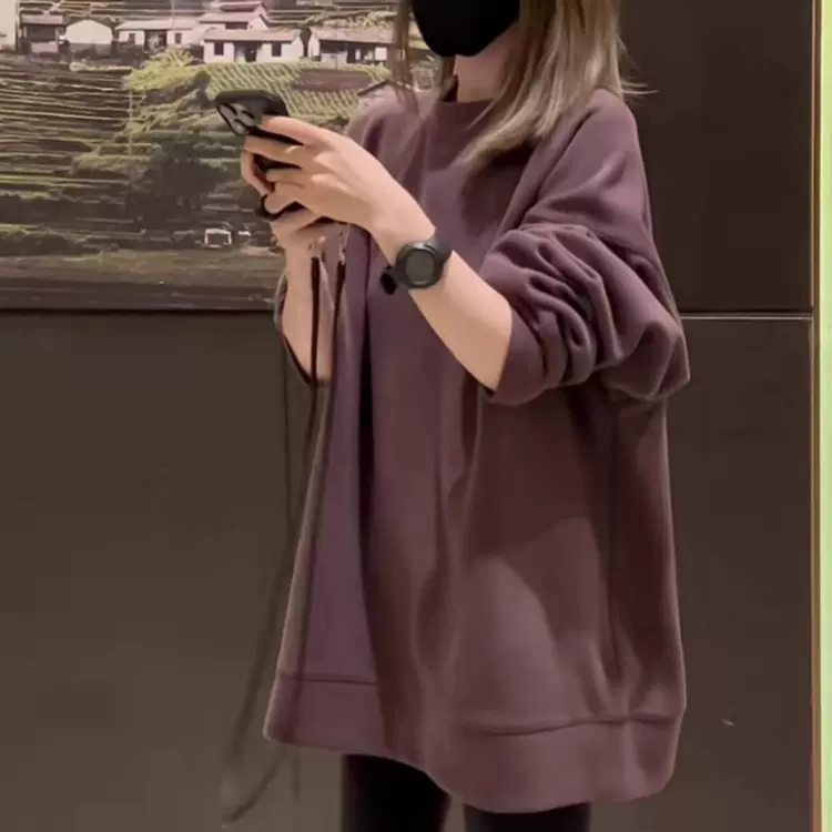 慵懒风中长款圆领卫衣女2025秋冬新款爆款宽松大版长袖上衣外套女