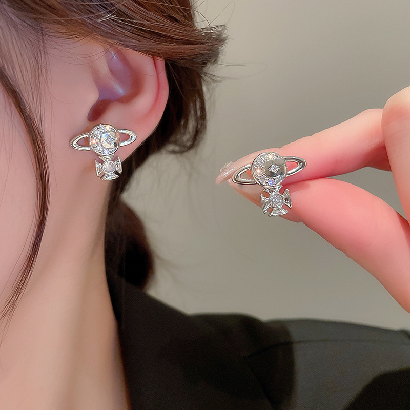 Fashion Cross Saturn Copper Plating Inlay Zircon Ear Studs 1 Pair