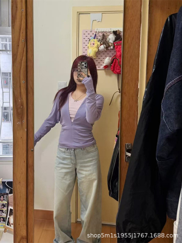 RARELY 设计感V领隐拉蝙蝠袖针织上衣女|undefined
