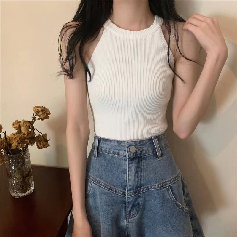 2025 New Hot Girl Versatile Halter Neck Off-Shoulder Short Camisole Women's Summer Thin Outerwear Knitted Vest 2025 New Hot Girl Versatile Halter Neck Off-Shoulder Short Camisole Women's Summer Thin Outerwear Knitted Vest