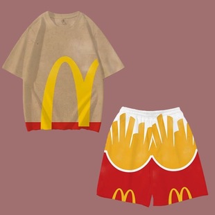 McDonald's Pattern Short Sleeve suit Moe Fun Printing and Dyeing Milk Tea Pattern Girl's Heart Bursting Easy First Love Wearing