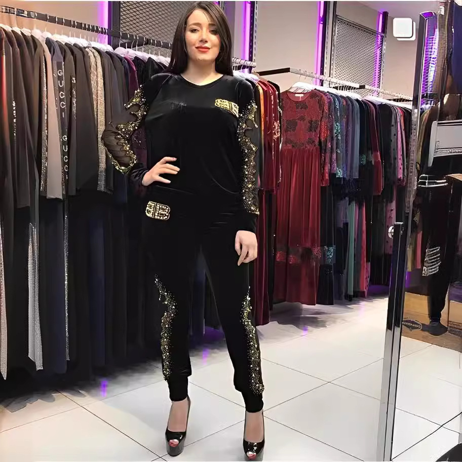 Cross-border source ebay Africa large size women's fashion stretch gold velvet embroidery hot drilling two-piece spot