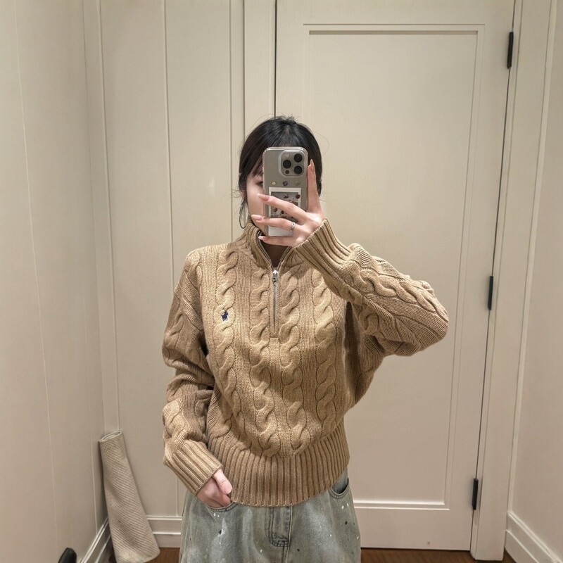 [Original Label with Qr Code] Ralph Lauren Knitwear Half-Zip Short Sweater with Stand Collar, Popular Model for Women