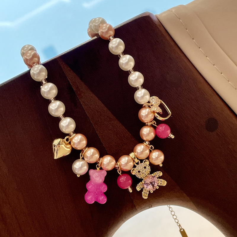 Artificial Crystal, Pearl Chain Material Cute Bear Beaded Artificial Crystal Beaded Chain Beaded Necklaces Wholesale