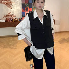 大码女装黑色宽松长袖假两件衬衫早秋新款微胖mm显瘦别致小衫上衣