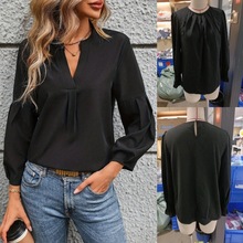 现货！专供跨境TEMU外贸女装2024亚马逊夏新款纯色上衣长袖衬衫