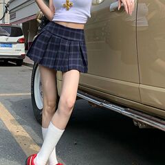 レトロブルーチェック柄プリーツスカート女性のための夏 2025 新しいカレッジスタイルホットガールローウエスト露出防止 JK スカート