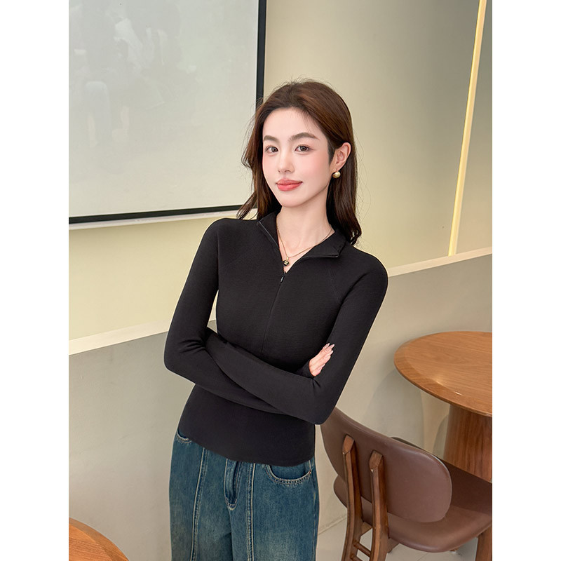 灰色半高领半拉链打底衫女内搭2025秋冬修身长袖高领上衣加厚t恤|undefined