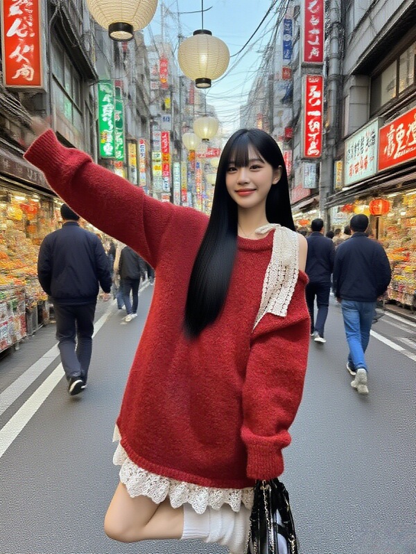 实拍大码感蕾丝长袖红色针织衫冬新款中长款胖蝴蝶结上衣女毛衣|undefined